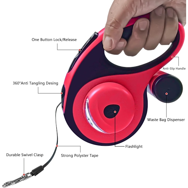 Inntrekkbar hundekobbel med avfallsposebeholder og lommelykt, 16 fot hundekobbel for små mellomstore hunder opptil 66 pund, en knappbryter og lås, 360° floke F 16ft red Large