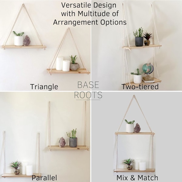 Hängande hyllor för väggflytande hyllor, Macrame Rope Triangle Shelf, Natural Light Reclaimed Wood, Boho Dorm Vardagsrum Sovrumsdekor 2 pcs