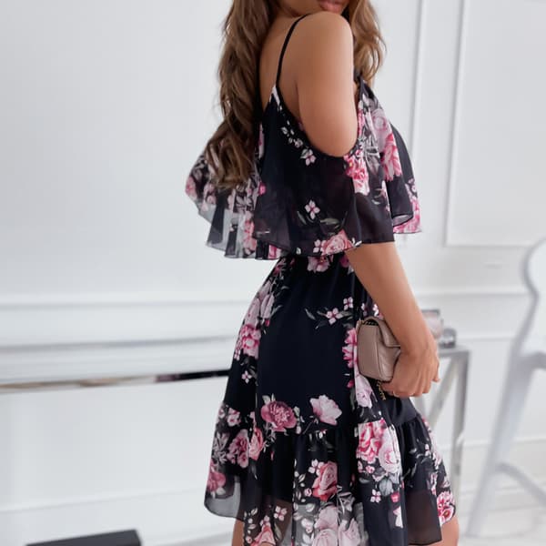 Off Shoulder Hengende Stropp Trykket Chiffon Kjole (Svart S)