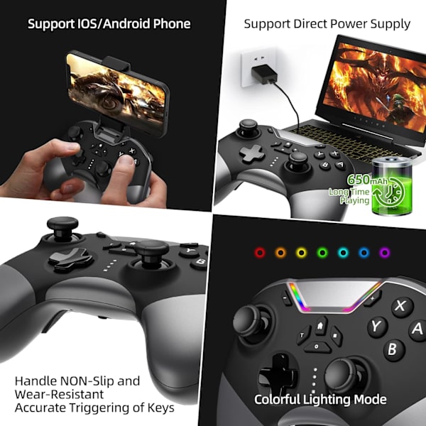 Bluetooth-kontroller för Switch/PC/iPhone/Android/Apple Arcade MFi-spel/TV/Steam, trådlös spelkontroll med telefonklämma med nyligen lanserad L Black