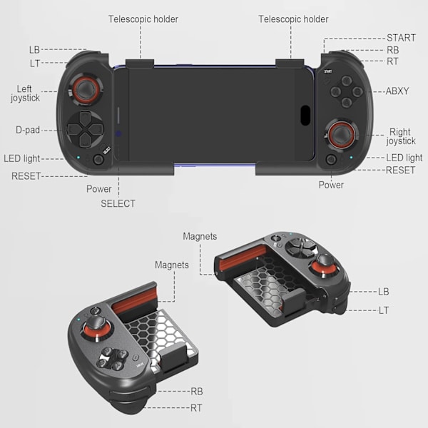 Mobil Gaming Controller til iPhone, Android, Direkte Afspilning, Bærbar Bluetooth Mini Controller Gamepad Joystick med Magnetisk Opbevaring til iPhone 14 13 Black