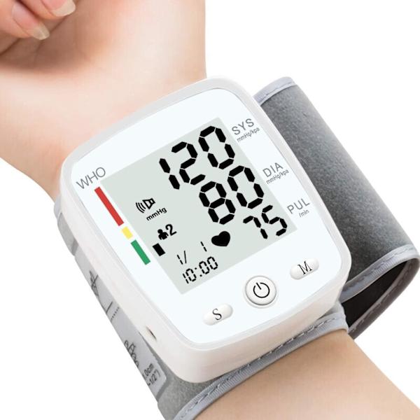 Handledsblodtrycksmätare Digital BP-mätare Uppladdningsbar BP-maskin med 2x99 avläsningar Minne Stor LCD-skärm Röstutsändning Bärbar väska White