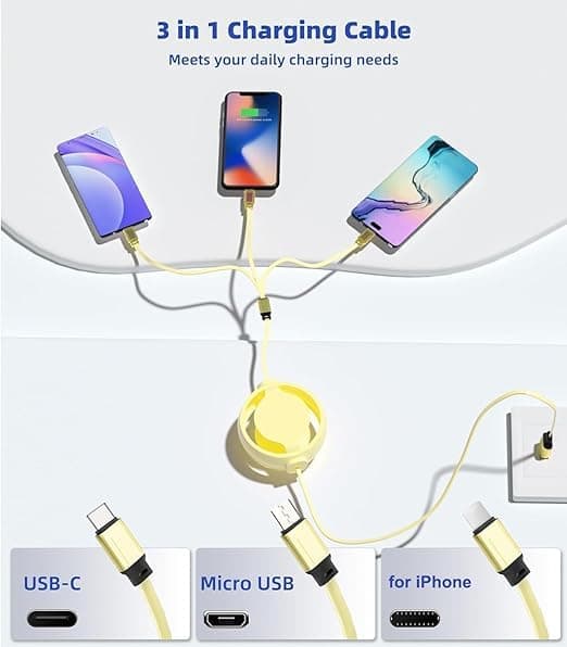 3 i 1 Trækkelig Opladningskabel [3A, 1m] Multi USB Kabel Hurtig Opladerledning til Telefon, Samsung, iPad, Tablets, Switch og Mere Yellow