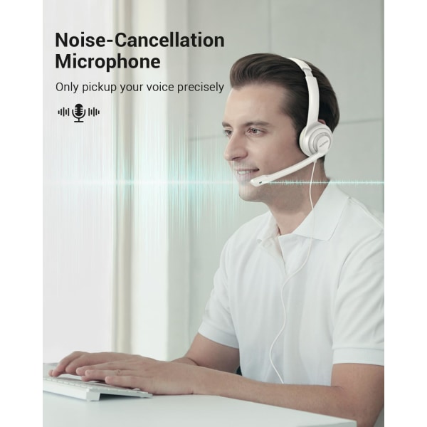 HW02 USB-headset med mikrofonstøjreduktion og in-line-kontrol, Super Light, Ultra Comfort Computer Headset til bærbar pc, On-Ear Kablet Office Ca White