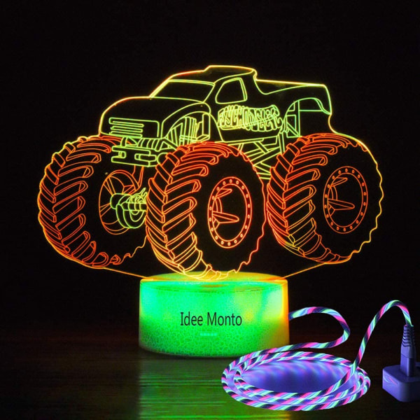 Monster Truck 3D nattlampa för barn - 7 LED-färgbyte