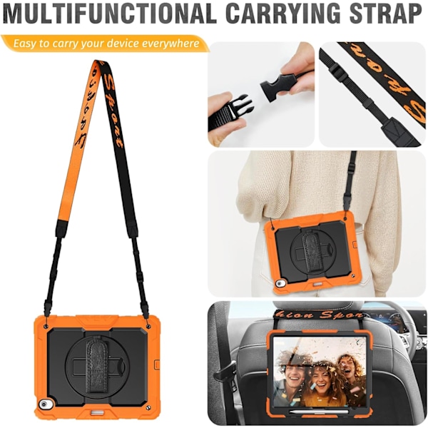 Skal för iPad Air 11 tum (M2 2024), Stötsäker Design med Pennhållare/Skärmskydd/Roterande Handrem, Skyddande Fodral för Orange New iPad Pro 11 2024