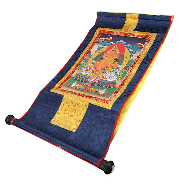 Tibetansk Thangka rikedomsgud Gul Jambhala Buddha buddhistisk dekorativ rullmålning 65*36cm