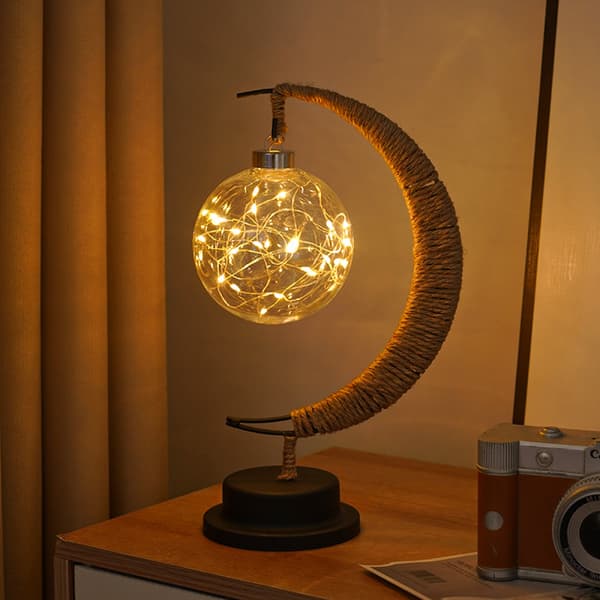 Varmhvit LED Måneformet Lampe Hampetau Jernrottingkule