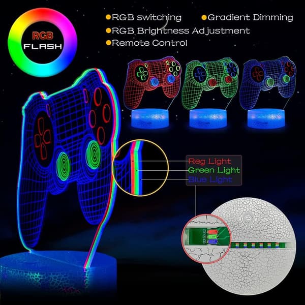 3 i 1 Oppgradert Gamepad Videospillrom Dekor 3D Nattlys