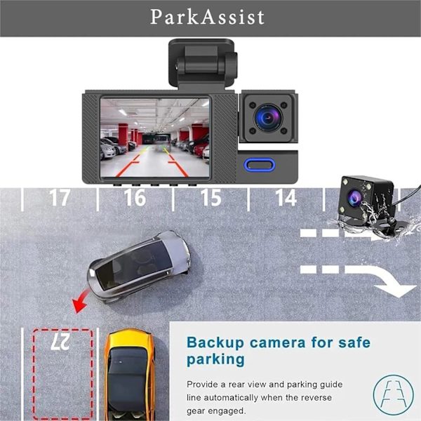 Dash Cam - 3-kanals Dash Cam, 1080P Dash Cam fram, bak och inuti, trippel Dash Cam, bil DVR med 170 ° vidvinkel, G-sensor, 24 timmars parkering, loopinspelning