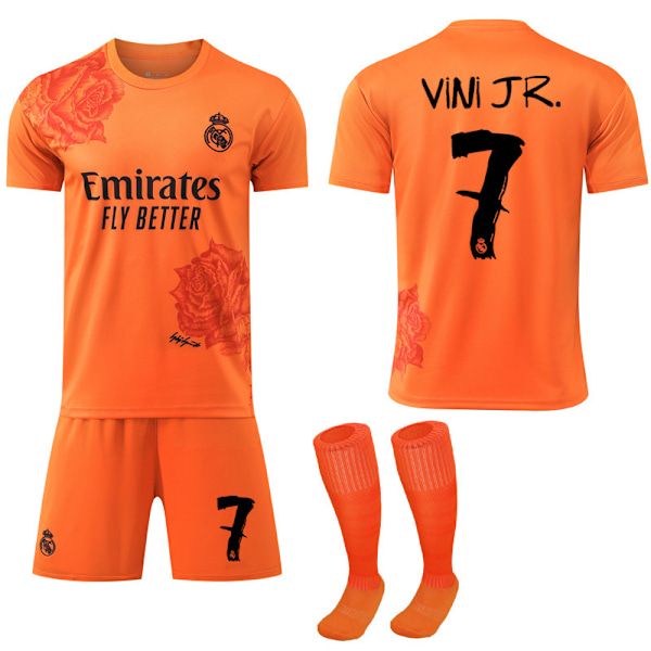 2024 Real Madrid Y3 Co-Branded Special Edition Rose Pattern Fodboldtrøje Orange Børns fodboldsæt No.7 Vini 20