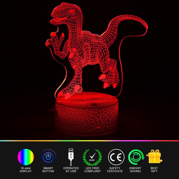 Dinosaur 3D Natlampe, 3D Illusion Bordlamper med 7