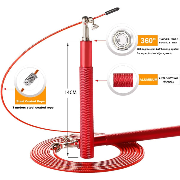 Hurtig hoppetau - 360° svingbar kulelager - Justerbar stålbelagt tau - Aluminium Anti-hopping håndtak - Treningsboksing Sportsøvelser -Su Red