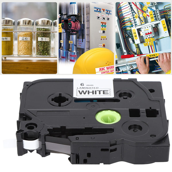 Laminerede etiketbånd 6mm sort på hvid passer til Brother TZe-211/611 PT-E100B/E300/D210