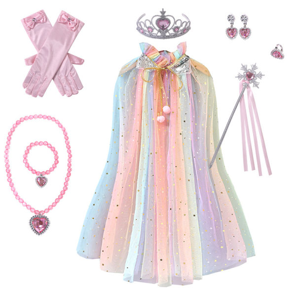Prinsesse Tulle Kappe med Krone Halskæde Armbånd Tryllestav Prinsesse Udklædningstøj til Små Piger Børn Colorful+Pink Jewelry S(65CM)
