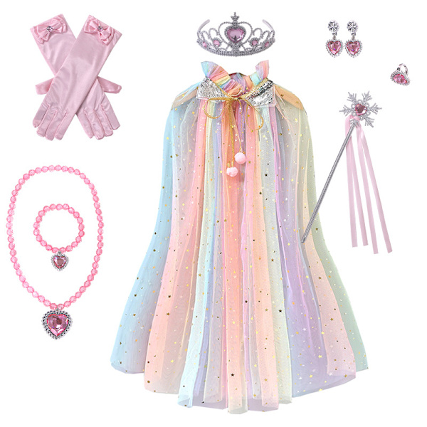 Prinsses Tulle Manteau med Krona Halsband Armband Trollstav Prinsessa Klä Ut Kläder för Liten Flicka Småbarn Colorful+Pink Jewelry S(65CM)