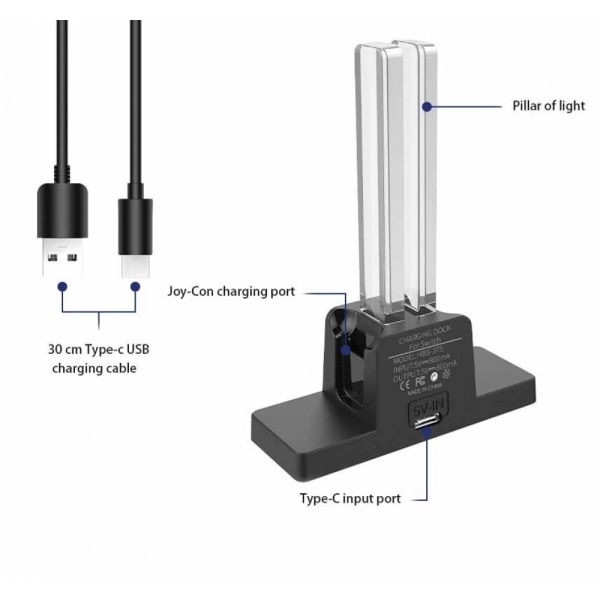 Laderstasjon kompatibel med Nintendo Switch for Joy Con & OLED-modellkontroller med LED-indikasjon på lyktestolpe, ladestasjon kompatibel med