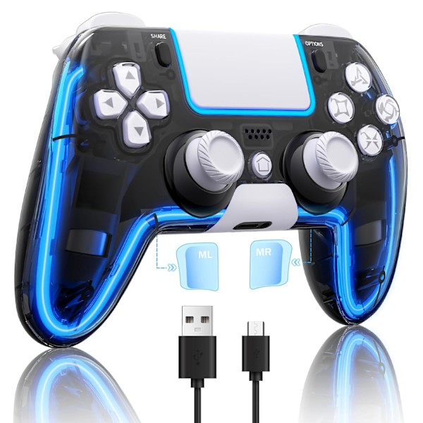 Trådlös PS4-kontroll med Hall 3D-joysticks/RGB LED-lampor/programmeringsfunktion, PS4-kontroll fjärrkontroll joystick Gamepad, spelkontroll för PS4/Slim/P White