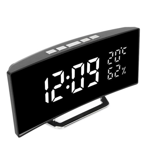 Buet digital klokke LED speil bakgrunnsbelysning 3 nivåer lysstyrke skrivebordsklokke med temperatur fuktighet display hvitt lys