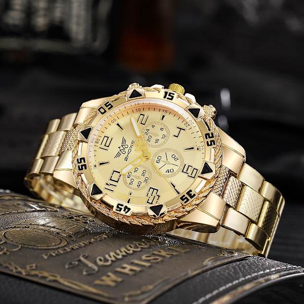 Herrar Kvartsur Klocka Mode Rostfritt Stål Chronograph Affärs Klockor för Män Gold
