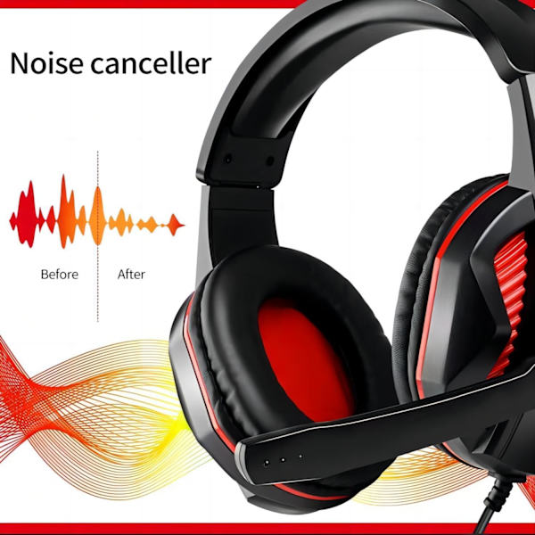 3,5 mm Trådbundet Spelheadset med Mikrofonvolymkontroll, Stereo Bass Brusreducering för PS4 Nya Xbox One PSP PC Laptop Surfplatta Mobiltelefoner, Svart & Röd