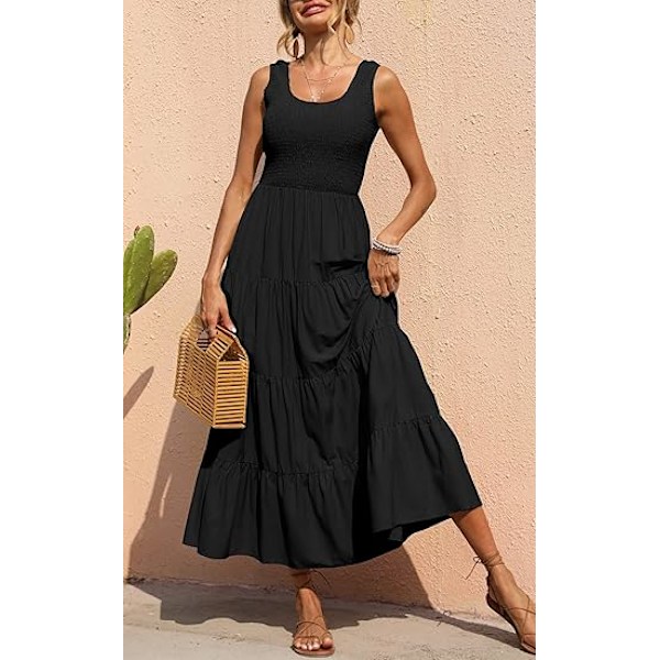 Dame 2025 Casual Løs Ensfarget Maxi Sommerkjole Smock Tank Kjole Ermeløs Sommer Strand Lagdelt Lange Kjoler L