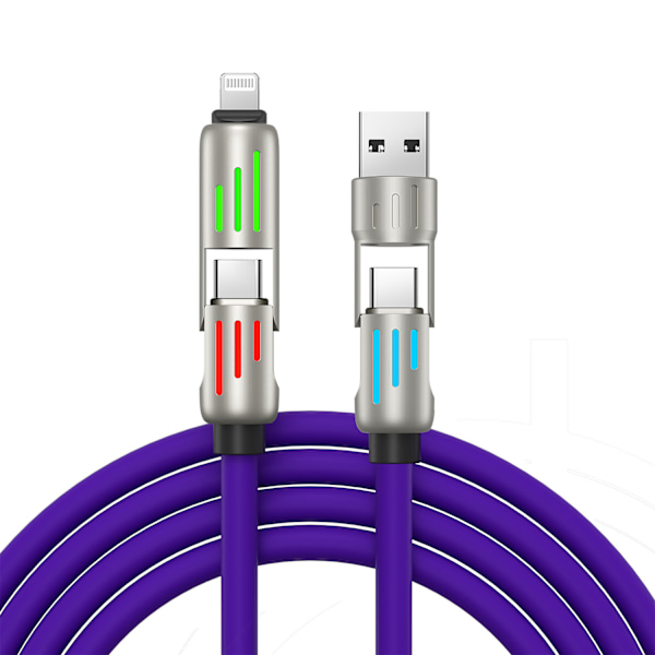 240W 4-i-1 USB-C-kabel, Multiladdare med Andningsljus, PD 5A Snabbladdning & Datasympkronisering Silikon Kompatibel med iPhone Samsung Laptop Purple 2m