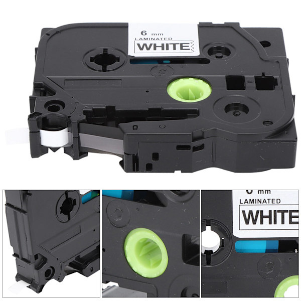 Laminerede etiketbånd 6mm sort på hvid passer til Brother TZe-211/611 PT-E100B/E300/D210