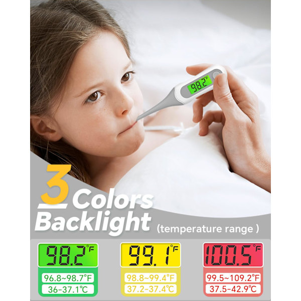 Digitalt termometer til voksne og børn, 8 sekunders hurtig aflæsning baby oral termometer med 3 farver baggrundslys, °C/°F omskiftelig, feberalarm,