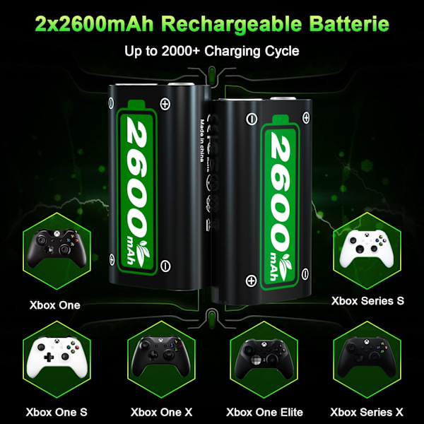 Oppladbart batteripakke for Xbox Series X|S/Xbox One, 2x2600mAh batterier med hurtigladestasjon for Xbox One S/Xbox One X/Xbox One Elite