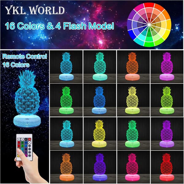 Ananas Natlampe 3D Illusion Lampe 16 Farveskiftende USB