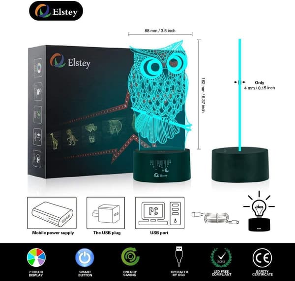 2-pakning Fotball 3D LED Nattlys, Ugle 3D Illusjonslampe