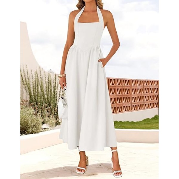 Sommarklänning för damer, ärmlös halterneck midi-klänning 2025, off shoulder, hög midja, svängig, böljande, lång strandklänning M