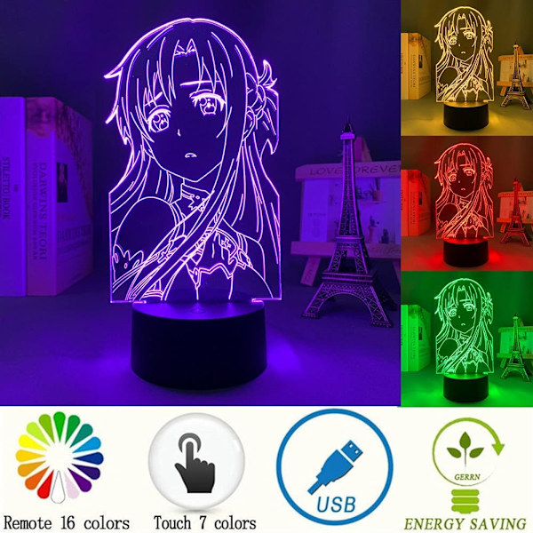 SAO Anime Figur LED-lys Søt Gutter & Jenter Jul Bursdag Feriefest Gave Kirito/Asuna/Asada Shino 3D Optisk Illusjon Bordlampe