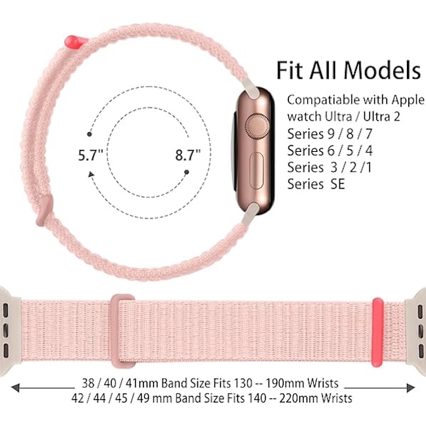 Urheilullinen nylonlenkkiranneke yhteensopiva Apple Watch -rannekkeiden 44/45/46/49 mm kanssa, naisille ja miehille, IWatch Series SE 9/8/7/6/5 -sarjoille Pink