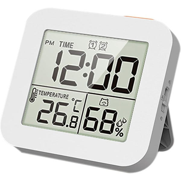 Digital inomhus termometer duschtimer med dubbel alarm digital klocktimer för badrum dusch kök studie med hopfällbart stativ och upphängningshål White