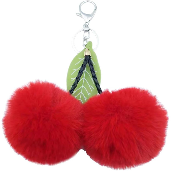 Pom Pom Nøkkelring Kunstig Pels Ball Nøkkelringer Fluffy Tote Anheng Bil Veske Sjarme Cherry Red