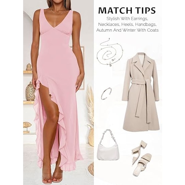 Dame Sexet V-hals Ærmeløs Mesh Flæsekant Bodycon Maxi Casual Rygløs Høj Slids Cocktail Party Kjole S