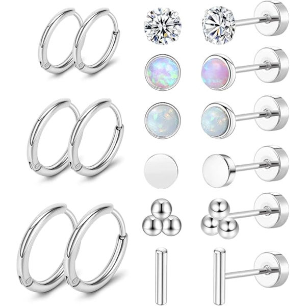 Kirurgiskt stål örhängen för kvinnor män 20 Gauge Hoop Stud Örhängen Set för flera piercingar CZ Boll Nap Örhängen Platt Baksida Hypoallergen Silvery