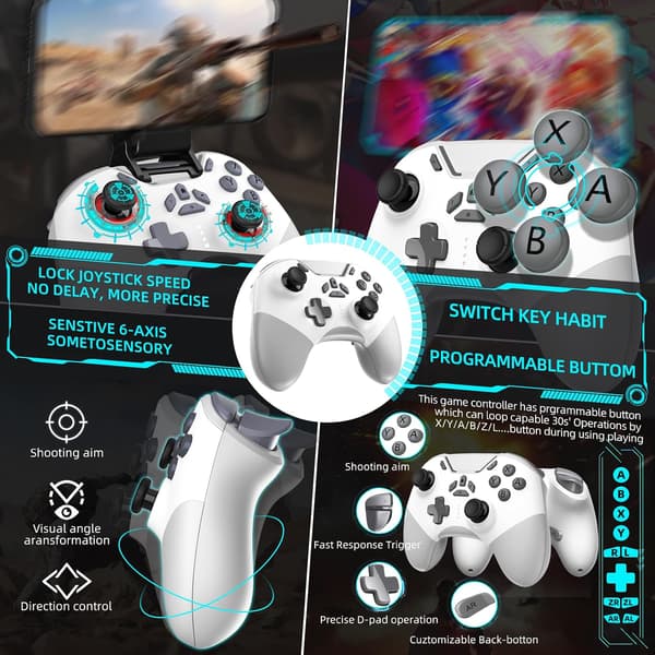 Bluetooth-controller til Switch/PC/iPhone/Android/Apple Arcade MFi-spil/TV/Steam, Pro trådløs spilcontroller fjernbetjening gamepad med telefonklip med L White