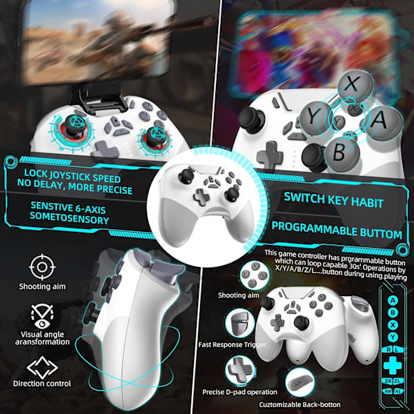 Bluetooth-kontroller för Switch/PC/iPhone/Android/Apple Arcade MFi-spel/TV/Steam, Pro trådlös spelkontroll fjärrkontroll Gamepad med telefonklämma med L White