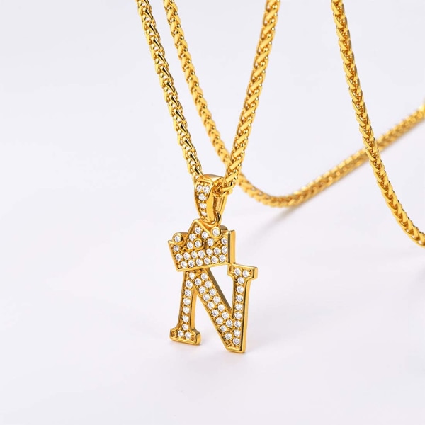 Krone Initial A-Z Halskæde, Iced Out Bogstav Vedhæng med 22-24 Tommer Kæde, Mænd Kvinder Bling Hip Hop Alfabet Navn Smykker Gave Store Initialer Halskæder N 18K Gold