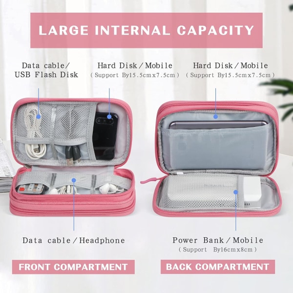 Reisekabeloppbevaringspose, elektronisk tilbehør, bærbar pose, bærbar vanntett dobbeltlags integrert oppbevaringspose Pink