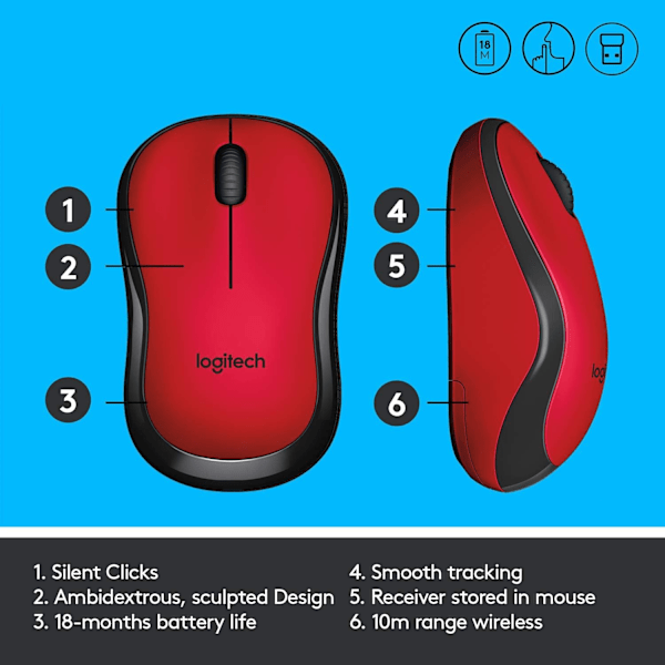 Logitech M220 SILENT langaton hiiri, 2,4 GHz USB-vastaanottimella, 1000 DPI optinen seuranta, 18 kuukauden paristo, ambidextrous, yhteensopiva PC:n, Macin ja kannettavan kanssa Red