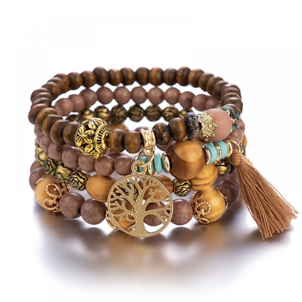 1PCS Bohemian Träpärlor Armband Set för Kvinnor Flerskiktad