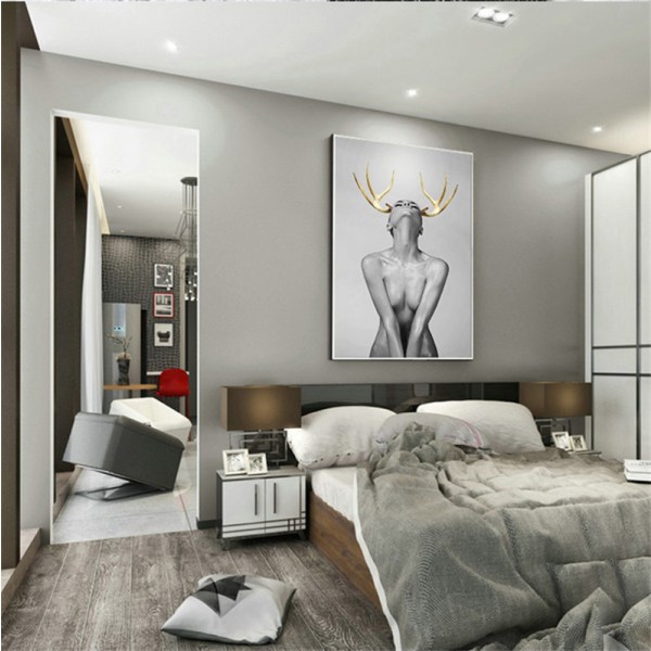 Elk Girl Väggkonst Canvas Tryck Affisch, Enkla Mode Svartvita Tecken