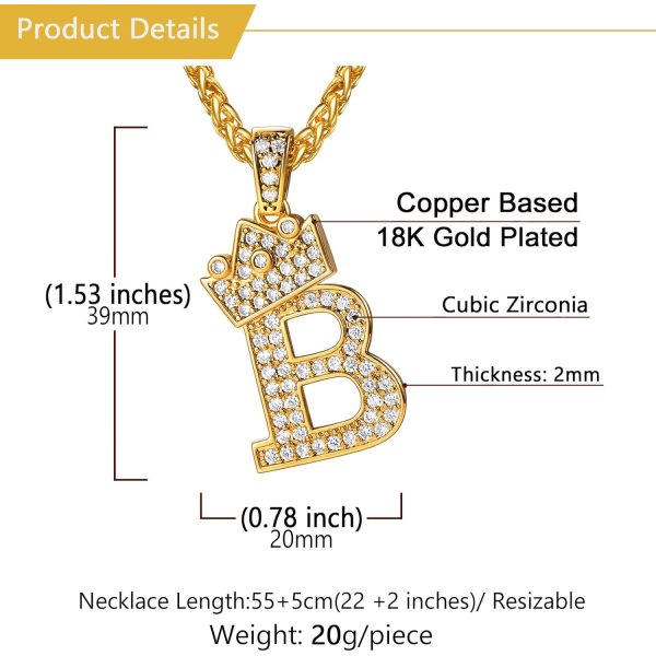 Krone Initial A-Z Halskjede, Iced Out Bokstavanheng med 22-24 Tommers Kjede, Menn Kvinner Bling Hip Hop Alfabet Navn Smykker Gave Store Initialer Halskjeder B 18K Gold