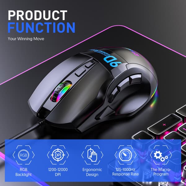 Full Speed Gamingmus med flere knapper, kablet, 9 knapper, ergonomisk