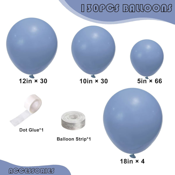 130PCS Dusty Blue Ballonger Olika Storlekar 18\" 12\" 10\" 5\" Ballongbåge Dekorationsset Perfekt för Födelsedagsfest, Examen, Babyshower, Bröllop, Holi Dusty Blue