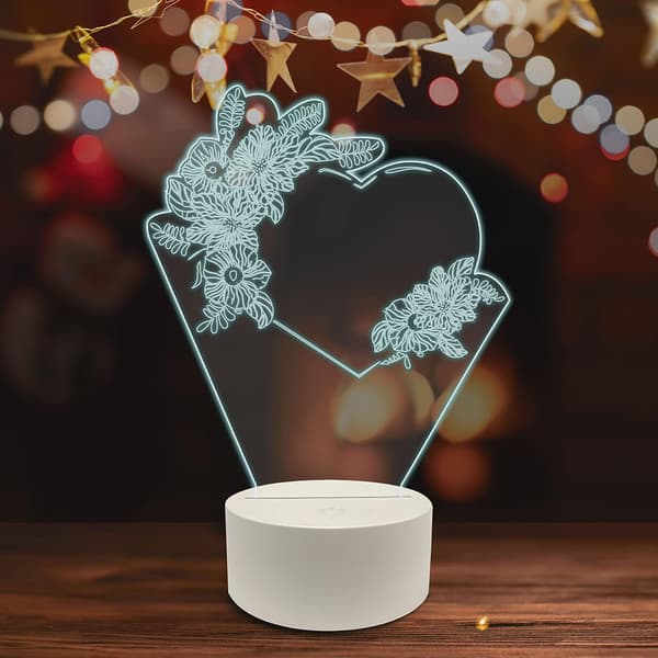 Kjærlighet 3D LED Bordlampe, Hjerteformet Par med Eksotisk Blomst